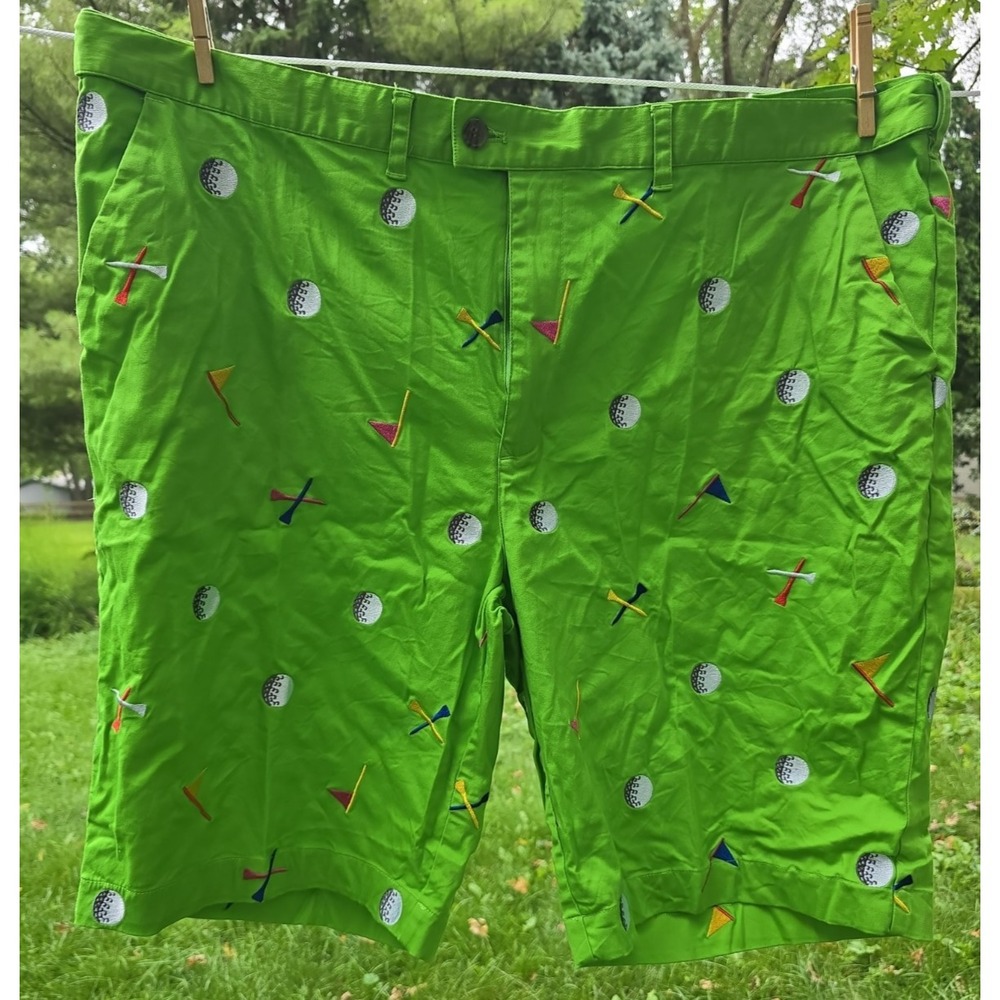 Loud Mouth Loudmouth Golf Shorts Mens 48 Golf Tees Balls Flags Lime Green Cotton